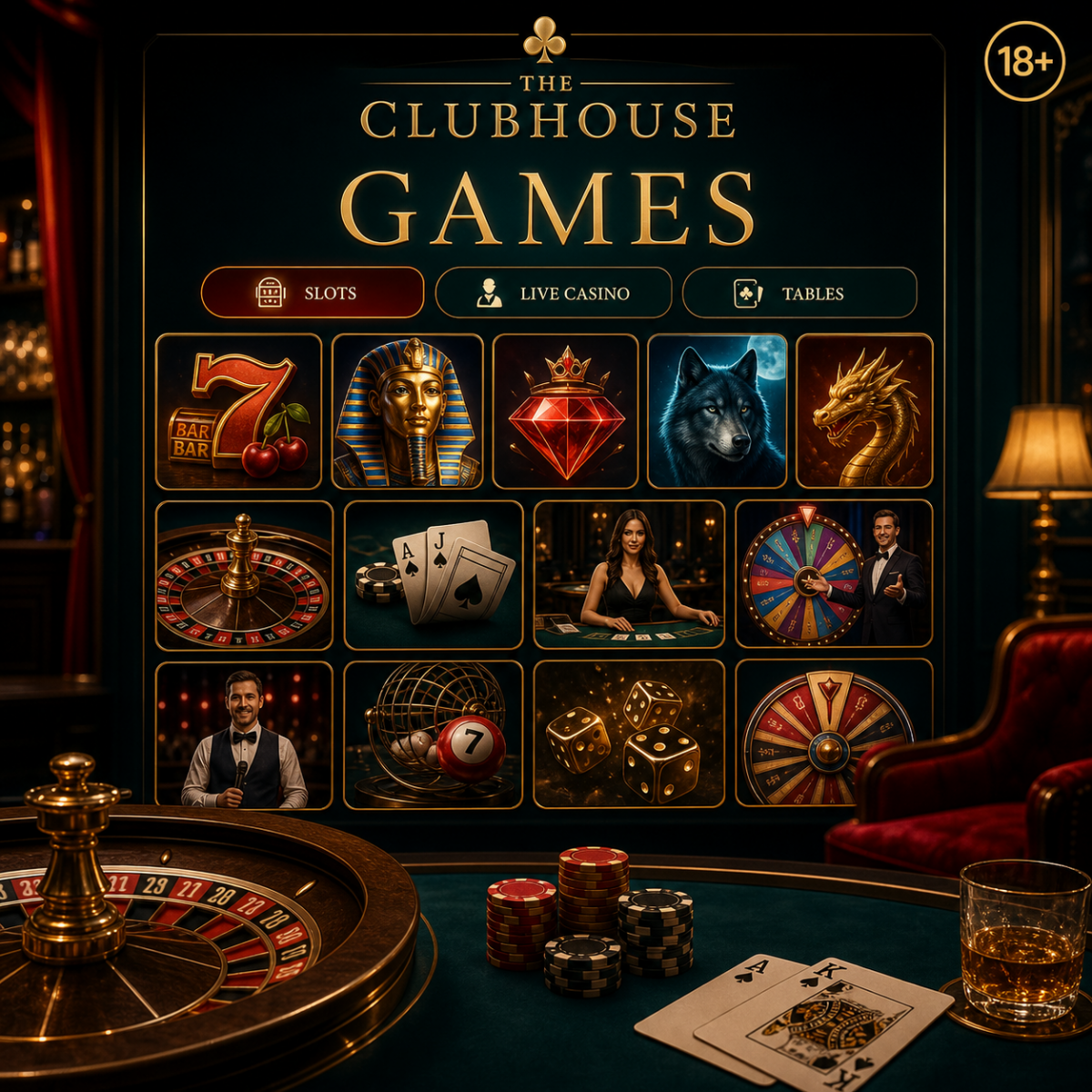 The Clubhouse pokies and live casino lobby